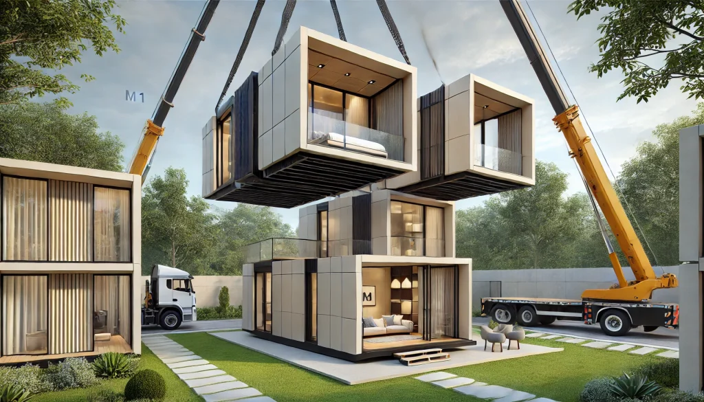 DALL·E-2024-11-13-06.13.57-An-architectural-style-single-story-home-called-the-M1-made-of-three-modular-pods-being-craned-into-position.-Each-pod-is-designed-with-sleek-minima.webp