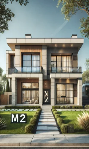 DALL·E-2024-06-21-16.03.20-A-two-story-home-with-modern-architecture.-The-house-has-large-windows-a-balcony-on-the-second-floor-and-a-spacious-front-yard-with-a-pathway-leadin.webp