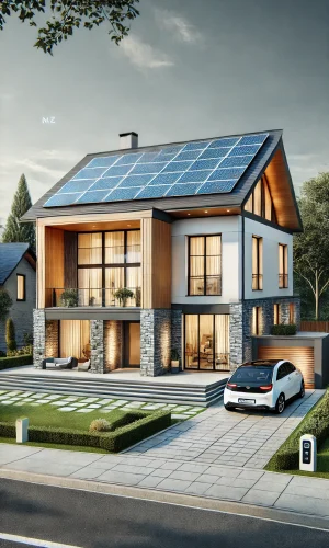 DALL·E-2024-06-21-16.05.22-A-modern-two-story-home-with-solar-panels-on-the-roof.-The-house-features-large-windows-a-balcony-on-the-second-floor-and-a-spacious-front-yard-with.webp